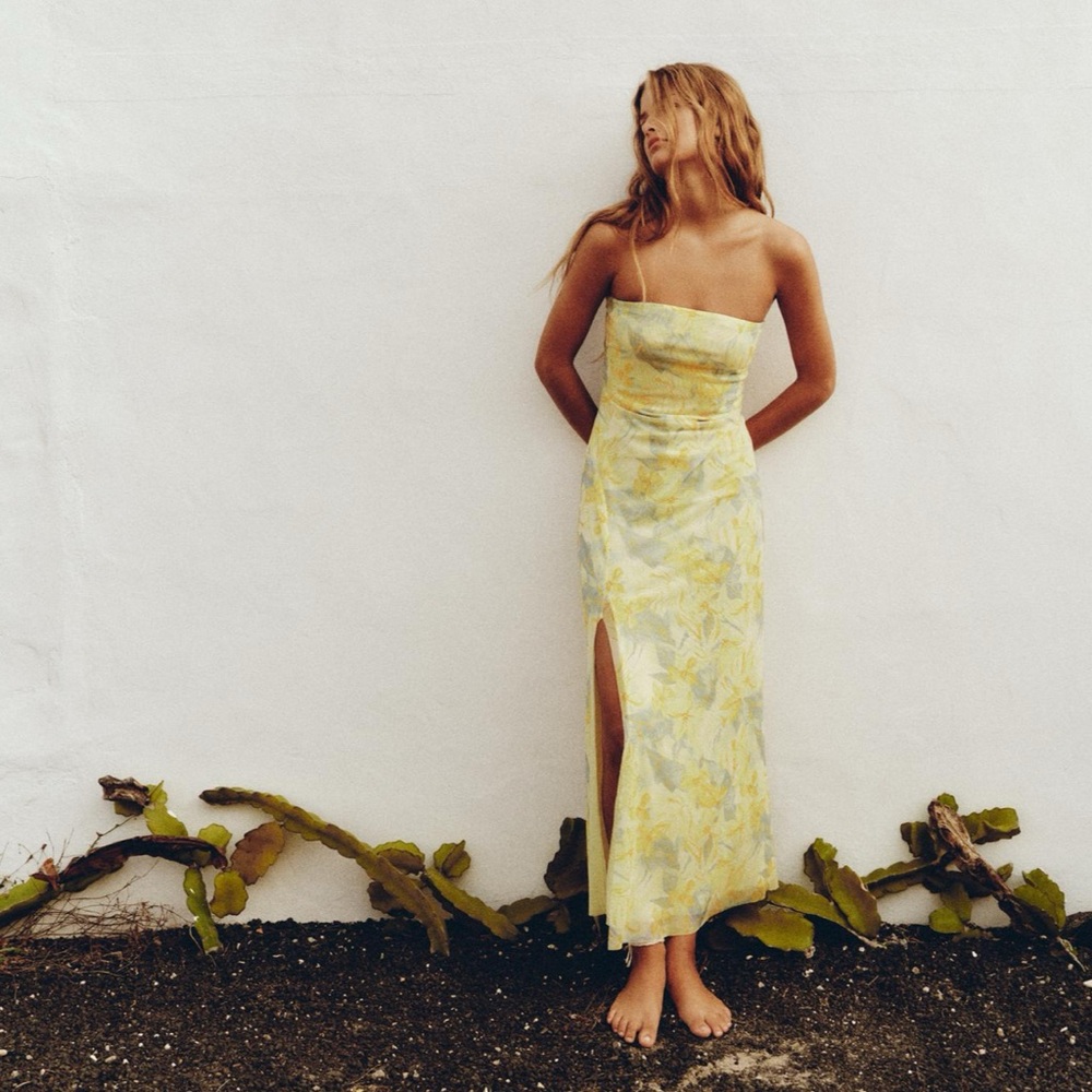 Zara Strapless Floral Yellow Tulle Dress